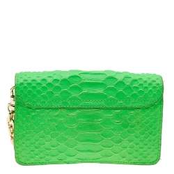 Pre Owned Tory Burch Neon Green Python Embossed Leather Miniature Crossbody Bag
