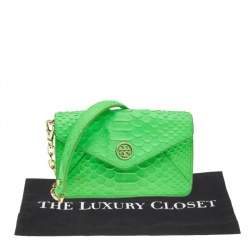 Pre Owned Tory Burch Neon Green Python Embossed Leather Miniature Crossbody Bag