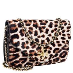 Pre Owned Tory Burch Brown/Black Pony Hair/Leather Kira Envelope Flap Chain Bag