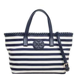 Tory Burch Navy Blue/White Stripe Nylon and Leather Marion East West Tote  Tory Burch | TLC