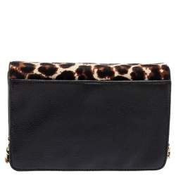 Pre Owned Tory Burch Black Leopard Print Calf Hair and Leather Kira Envelope Chain Shoulder Bag