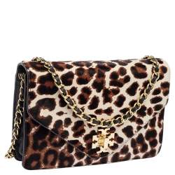 Pre Owned Tory Burch Black Leopard Print Calf Hair and Leather Kira Envelope Chain Shoulder Bag