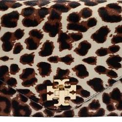 Pre Owned Tory Burch Black Leopard Print Calf Hair and Leather Kira Envelope Chain Shoulder Bag