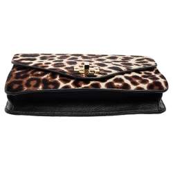 Pre Owned Tory Burch Black Leopard Print Calf Hair and Leather Kira Envelope Chain Shoulder Bag