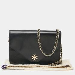 Pre Owned Tory Burch Black Leather Kira Envelope Flap Shoulder Bag