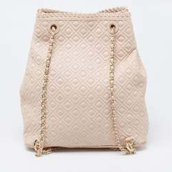 Pre Owned Tory Burch Powder Pink Leather Drawstring Backpack