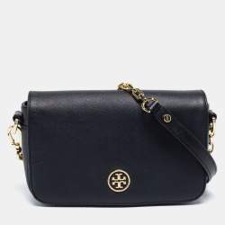 Tory Burch Robinson Blue Leather Gold Logo Fold Over Crossbody