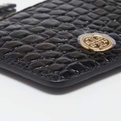Pre Owned Tory Burch Black Croc Embossed Leather Walker Top Zip Card Holder