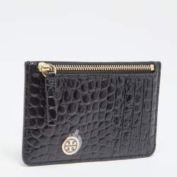 Pre Owned Tory Burch Black Croc Embossed Leather Walker Top Zip Card Holder