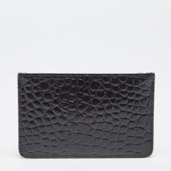 Pre Owned Tory Burch Black Croc Embossed Leather Walker Top Zip Card Holder