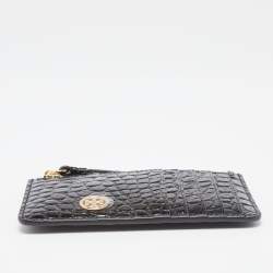 Pre Owned Tory Burch Black Croc Embossed Leather Walker Top Zip Card Holder
