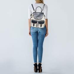 Pre Owned Tory Burch Navy Blue/White Woven and Saffiano Leather Piper Backpack