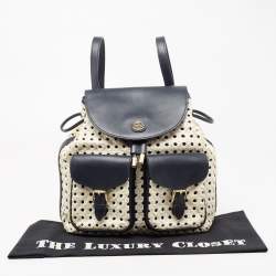 Pre Owned Tory Burch Navy Blue/White Woven and Saffiano Leather Piper Backpack