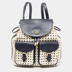 Tory Burch Navy Blue White Woven and Saffiano Leather Piper