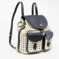 Pre Owned Tory Burch Navy Blue/White Woven and Saffiano Leather Piper Backpack