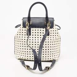 Pre Owned Tory Burch Navy Blue/White Woven and Saffiano Leather Piper Backpack