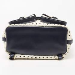 Pre Owned Tory Burch Navy Blue/White Woven and Saffiano Leather Piper Backpack