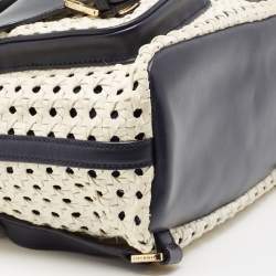 Pre Owned Tory Burch Navy Blue/White Woven and Saffiano Leather Piper Backpack