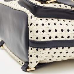 Pre Owned Tory Burch Navy Blue/White Woven and Saffiano Leather Piper Backpack