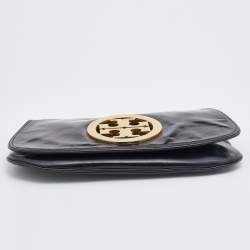 Pre Owned Tory Burch Black Patent Leather Reva Flap Clutch
