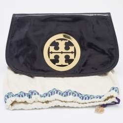 Pre Owned Tory Burch Black Patent Leather Reva Flap Clutch