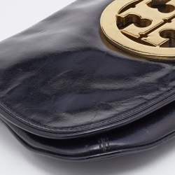 Pre Owned Tory Burch Black Patent Leather Reva Flap Clutch