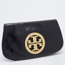 Pre Owned Tory Burch Black Patent Leather Reva Flap Clutch