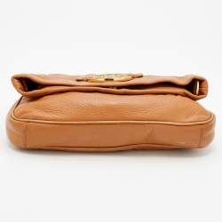 Pre Owned Tory Burch Tan Leather Logo Amanda Foldover Crossbody Bag