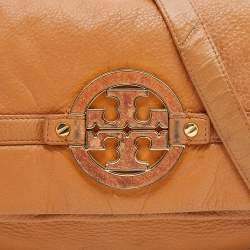 Pre Owned Tory Burch Tan Leather Logo Amanda Foldover Crossbody Bag