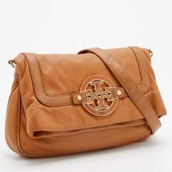 Pre Owned Tory Burch Tan Leather Logo Amanda Foldover Crossbody Bag