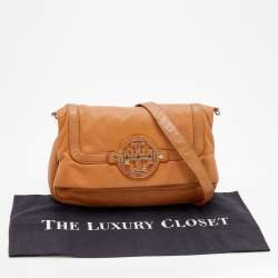 Pre Owned Tory Burch Tan Leather Logo Amanda Foldover Crossbody Bag