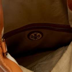 Pre Owned Tory Burch Tan Leather Logo Amanda Foldover Crossbody Bag