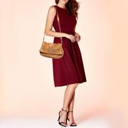 Pre Owned Tory Burch Tan Leather Logo Amanda Foldover Crossbody Bag