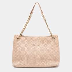 Tory Burch Beige Quilted Leather Marion Tote Tory Burch