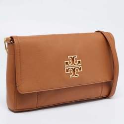 Pre Owned Tory Burch Brown Britten Leather Fold Over Crossbody Bag