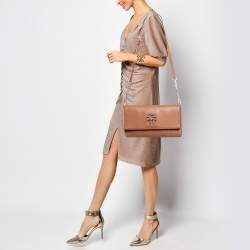 Pre Owned Tory Burch Brown Britten Leather Fold Over Crossbody Bag