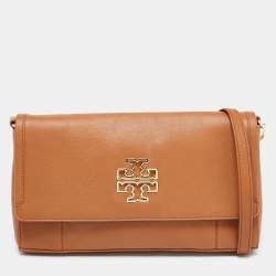 Pre Owned Tory Burch Brown Britten Leather Fold Over Crossbody Bag