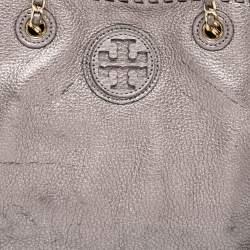 Pre Owned Tory Burch Metallic Grey Leather Marion Tote