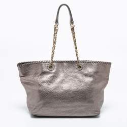 Pre Owned Tory Burch Metallic Grey Leather Marion Tote