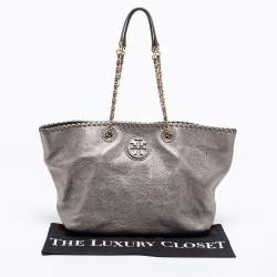 Pre Owned Tory Burch Metallic Grey Leather Marion Tote
