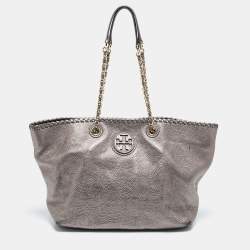 Pre Owned Tory Burch Metallic Grey Leather Marion Tote