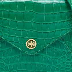 Tory Burch Green Alligator Robinson Envelope Flap Clutch Bag