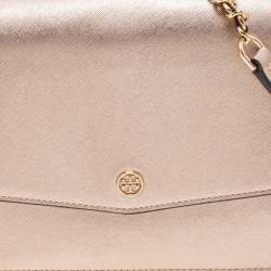 Pre Owned Tory Burch Metallic Rose Gold Leather Robinson Convertible Shoulder Bag