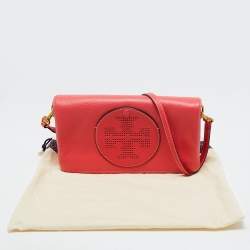 Pre Owned Tory Burch Red Leather Perforated Logo Fold Over Crossbody Bag