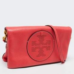 Pre Owned Tory Burch Red Leather Perforated Logo Fold Over Crossbody Bag
