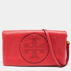 Pre Owned Tory Burch Red Leather Perforated Logo Fold Over Crossbody Bag