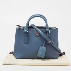 Pre Owned Tory Burch Blue Leather Mini Robinson Double Zip Tote