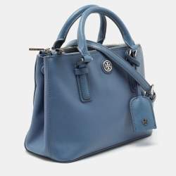 Pre Owned Tory Burch Blue Leather Mini Robinson Double Zip Tote