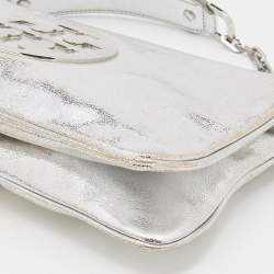 Tory Burch Metallic Silver Leather Reva Chain Clutch