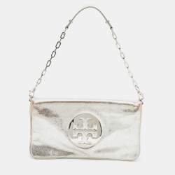 Tory Burch Metallic Silver Leather Reva Chain Clutch